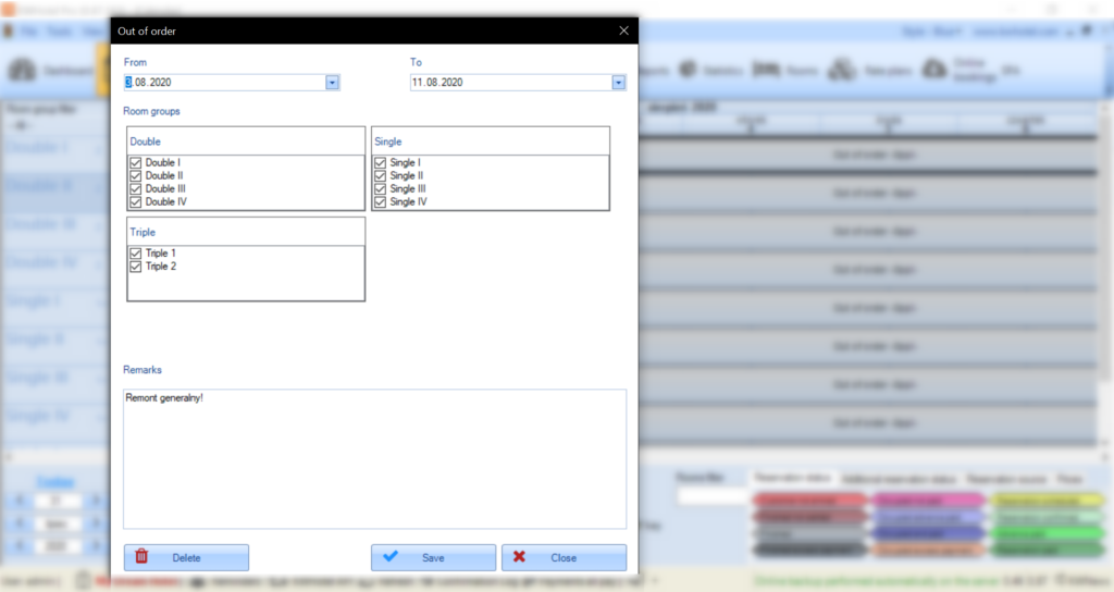 Hotel booking calendar - room out of order