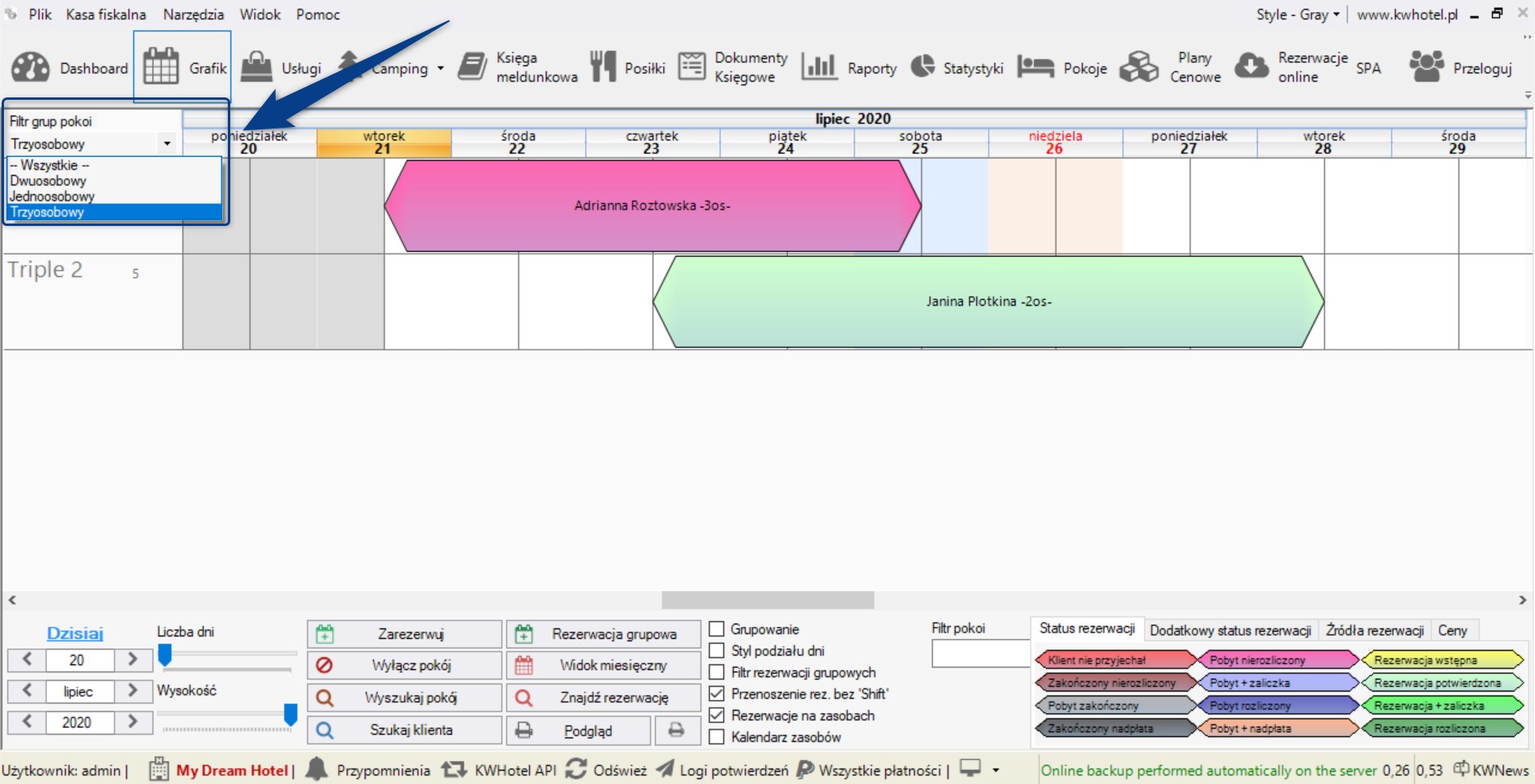 Kalendarz rezerwacji pokoi w hotelu - funkcja filtrowania grup pokoi